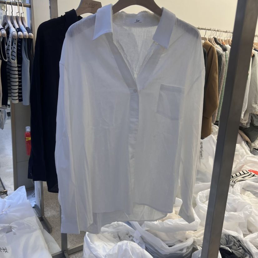 HER直郵韓國代購㊣女裝新品熱賣休閑25春夏襯衫蕾絲衫亞麻雙層HER襯衫/蕾絲衫