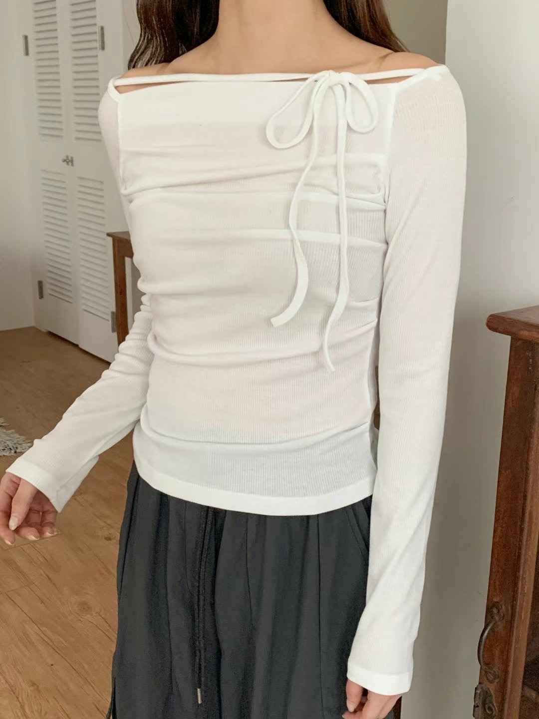 TDOUBLEJ韓國直郵女裝新品時尚人氣真品職業25春夏長袖T恤蝴蝶結TDOUBLEJ長袖T恤