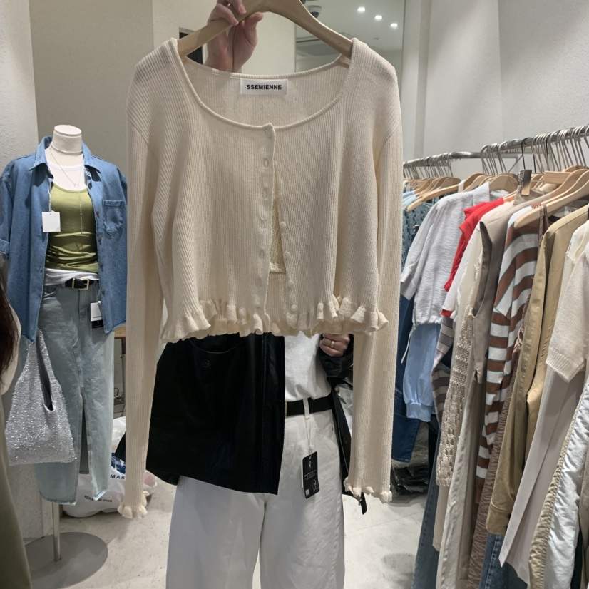 SSEMIENNE東大門實拍女士新品時尚推薦針織衫荷葉邊亞麻開衫SSEMIENNE針織衫