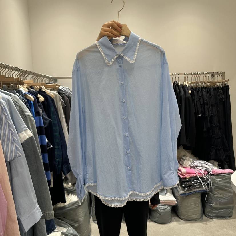 RE STYLE-Q直郵韓國代購㊣女裝新品時尚推薦襯衫蕾絲衫透明RE STYLE襯衫/蕾絲衫
