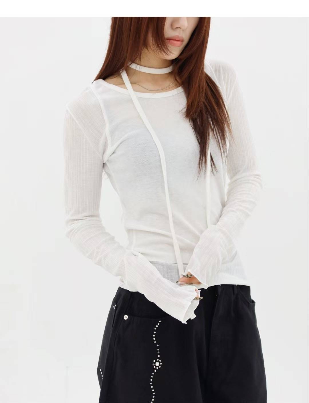 A LIKE韓國㊣直郵東大門代購女裝新品推薦熱賣長袖T恤含脖帶A LIKE長袖T恤