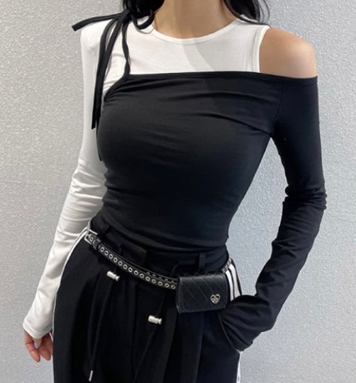 2TWO MOON韓國㊣直郵東大門代購女裝新款休閑時尚長袖T恤露肩2TWO MOON長袖T恤