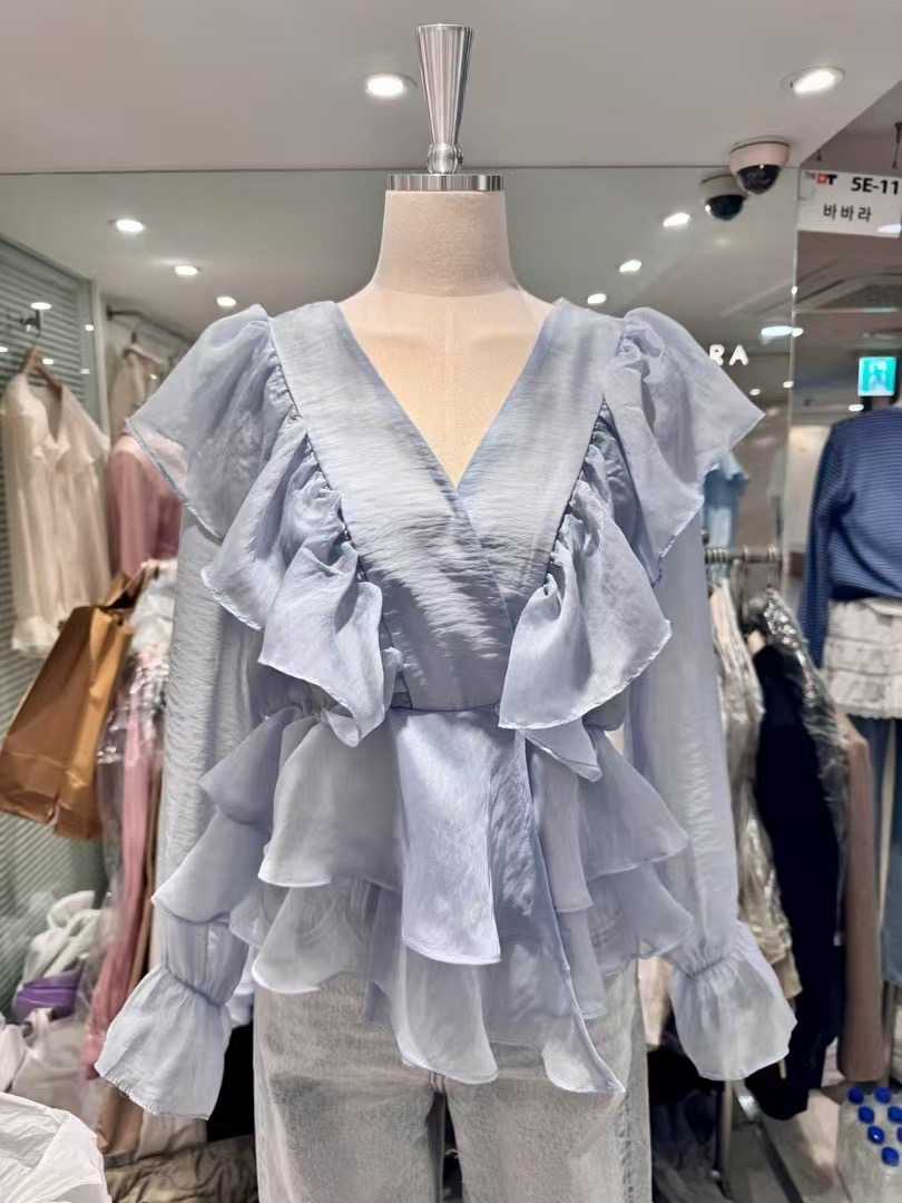 THE BARBARA韓國直郵女士新品推薦時尚襯衫蕾絲衫荷葉邊透視THE BARBARA襯衫/蕾絲衫