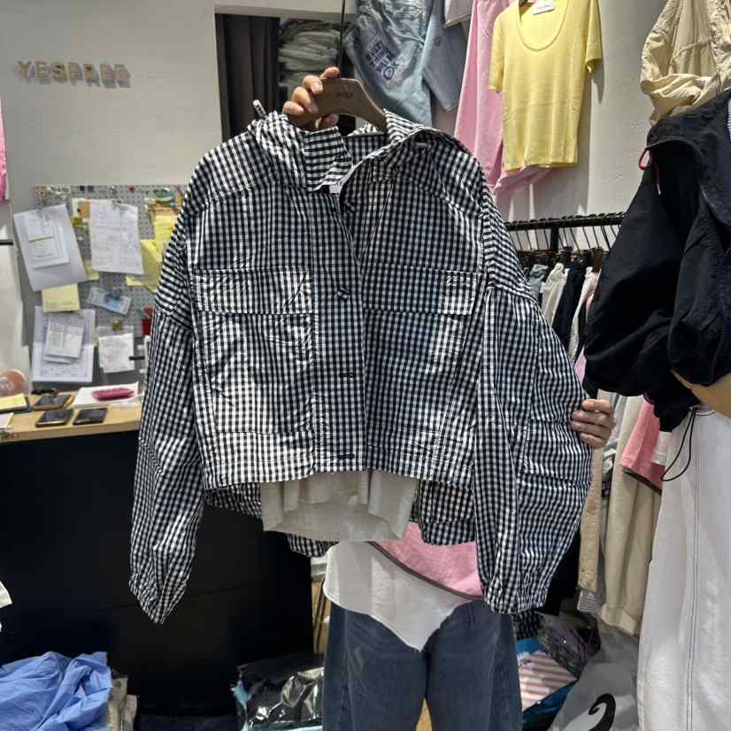YESFREE韓國直郵㊣東大門實拍女裝新品熱賣人氣夾克連帽衫格紋YESFREE夾克