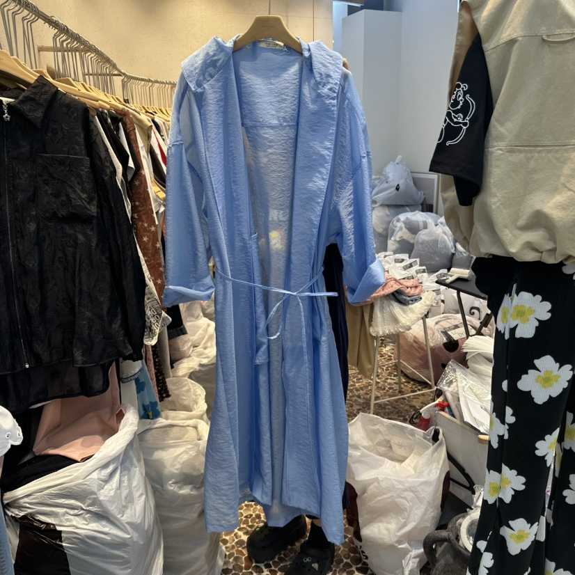 THE LINE-Q直郵韓國代購㊣女裝新款時尚25春夏長款風衣含腰繩THE LINE-q長款風衣