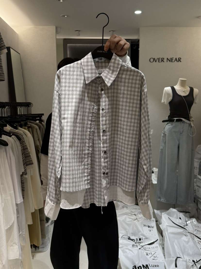 OVER NEAP直郵韓國代購㊣女裝新品人氣時尚襯衫蕾絲衫格紋OVER NEAP襯衫/蕾絲衫