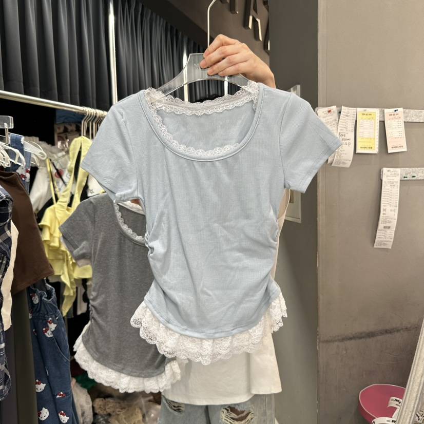 MOMAZU韓國㊣直郵東大門代購女裝新品熱賣人氣休閑T恤蕾絲褶皺MOMAZUT恤