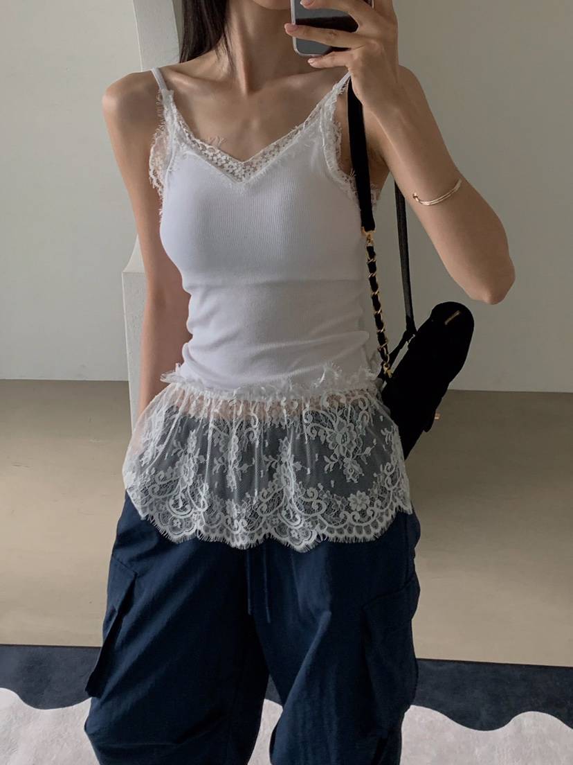 VERANDA韓國代購女士新款推薦時尚真品人氣吊帶背心荷葉邊蕾絲VERANDA吊帶/背心