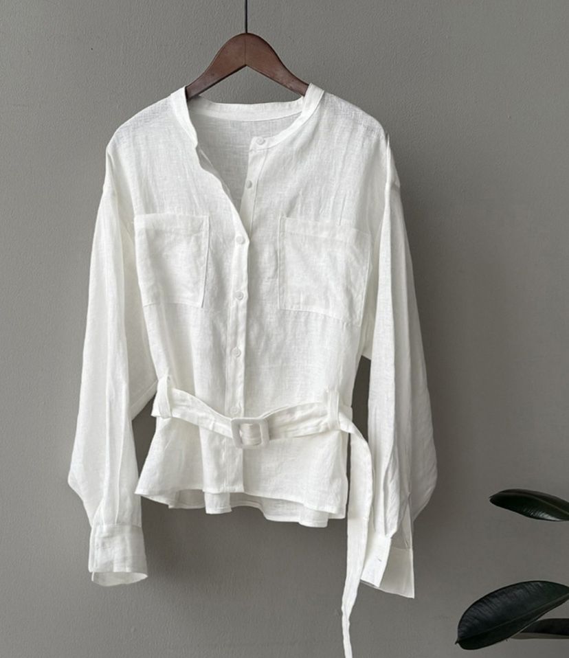 COMME TU VEUX-Q韓國㊣直郵東大門代購女裝新品25春夏襯衫蕾絲衫含腰帶亞麻COMME TU VEUX-Q襯衫/蕾絲衫
