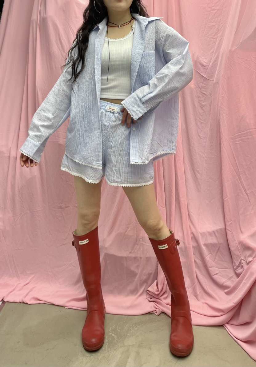 PAIRING直郵韓國代購㊣女裝新品休閑推薦襯衫蕾絲衫蕾絲條紋PAIRING襯衫/蕾絲衫