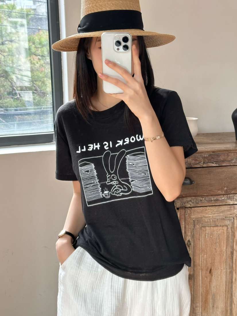 LE VASE韓國直郵㊣東大門實拍女裝新品休閑時尚25春夏T恤亞麻LE VASET恤
