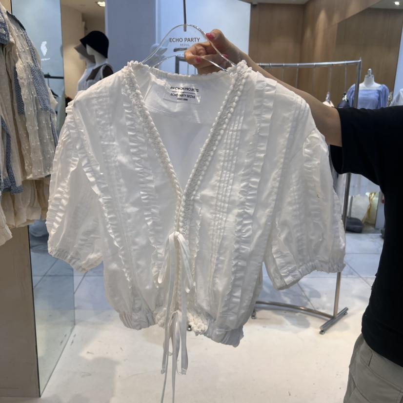 ECHOPARTY韓國直郵㊣東大門實拍女裝新品人氣襯衫蕾絲衫V領ECHOPARTY襯衫/蕾絲衫