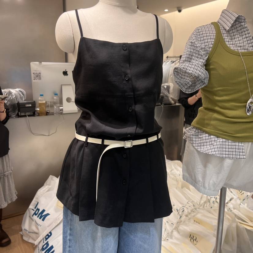 MEET ME韓國㊣直郵東大門代購女裝新款休閑吊帶背心不含腰帶褶皺亞麻MEET ME吊帶/背心
