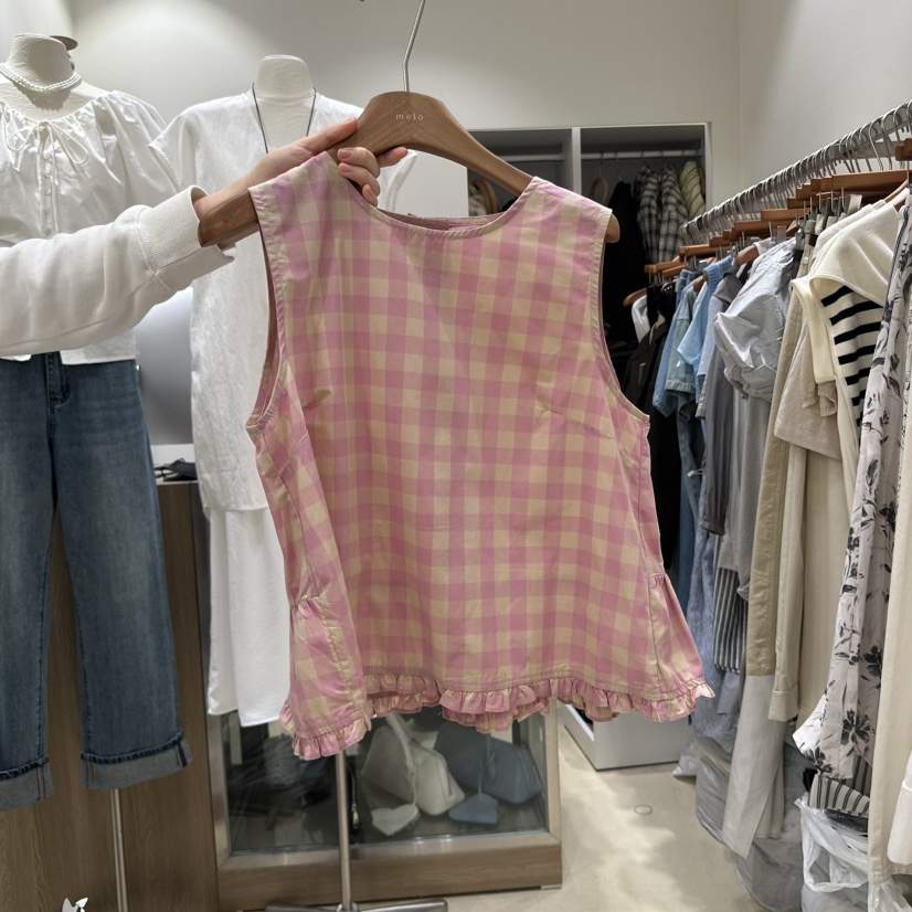 MELO韓國直郵㊣東大門實拍女裝新品熱賣吊帶背心荷葉邊格紋MELO吊帶/背心