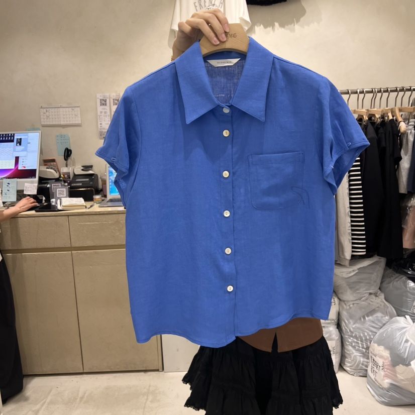 SALONDEMAG韓國直郵㊣女裝新品時尚休閑襯衫蕾絲衫口袋亞麻SALONDEMAG襯衫/蕾絲衫