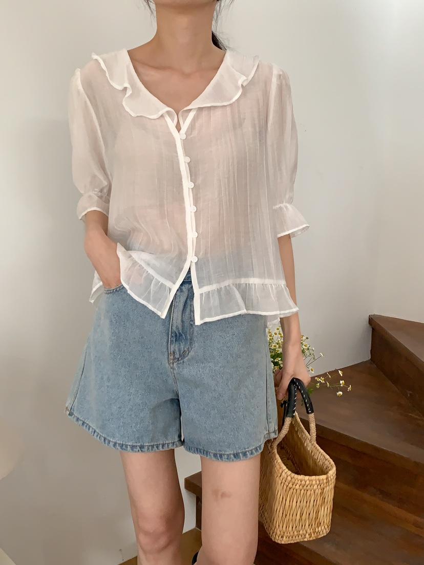 FRILL-T韓國㊣直郵東大門代購女裝新款休閑25春夏襯衫蕾絲衫FRILL-T襯衫/蕾絲衫