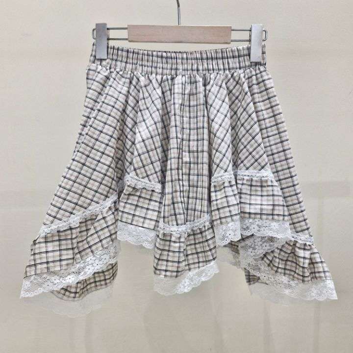 IF U-이퓨-T直郵韓國代購㊣女裝新款25春夏短裙格紋半身裙蕾絲IF U短裙