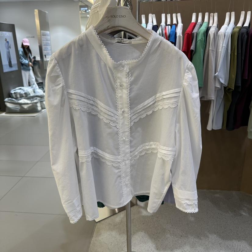 SOLOUNO韓國直郵㊣女裝新品25春夏熱賣時尚推薦襯衫蕾絲衫褶皺SOLOUNO襯衫/蕾絲衫