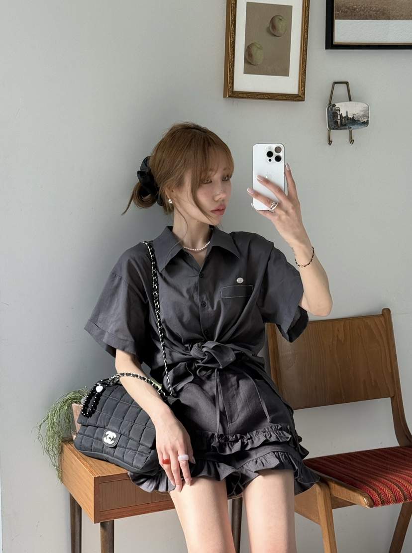 ZEROZERO韓國直郵㊣女裝新款休閑人氣襯衫蕾絲衫荷葉邊亞麻ZEROZERO襯衫/蕾絲衫