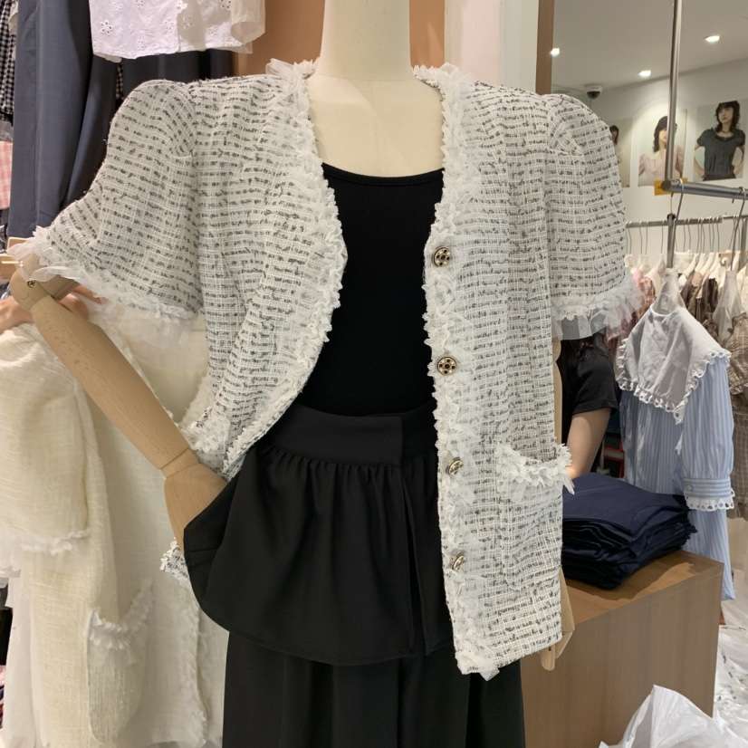 BY FLOW直郵韓國代購㊣女裝新品25春夏熱賣休閑夾克花呢蕾絲BY FLOW夾克