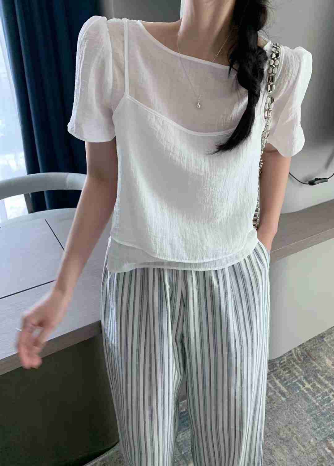 MELLOUNGE-멜라운지-T東大門代購女士新品推薦襯衫蕾絲衫假兩件緊身MELLOUNGE-T襯衫/蕾絲衫