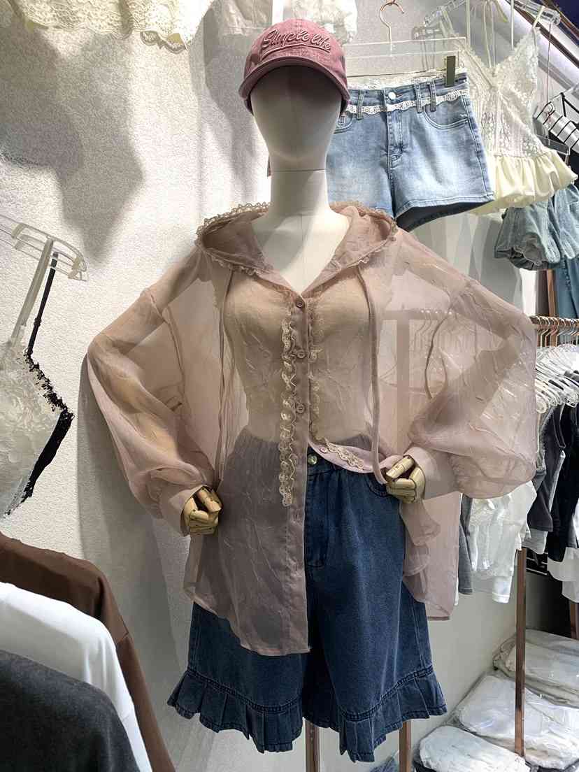 SYMBOL韓國直郵女士新品25春夏休閑人氣襯衫蕾絲衫透明連帽SYMBOL襯衫/蕾絲衫