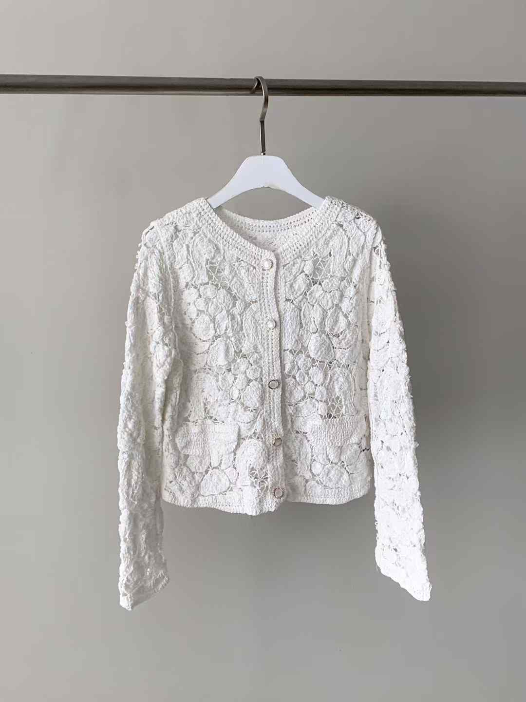 AGAIN US韓國代購女裝新品熱賣25春夏職業針織衫口袋蕾絲開衫AGAIN US針織衫