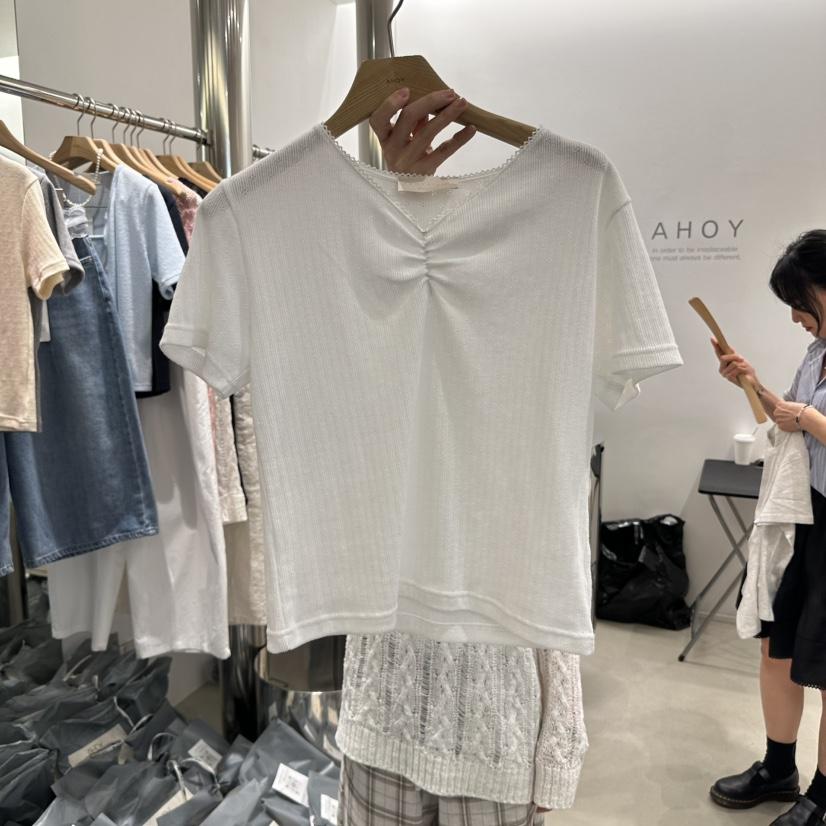 AHOY東大門直郵女裝新品休閑時尚25春夏人氣熱賣T恤蕾絲褶皺AHOYT恤