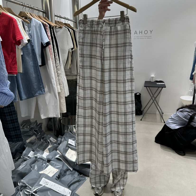 AHOY東大門實拍女士新品熱賣時尚休閑職業真品休閑褲格紋亞麻AHOY休閑褲