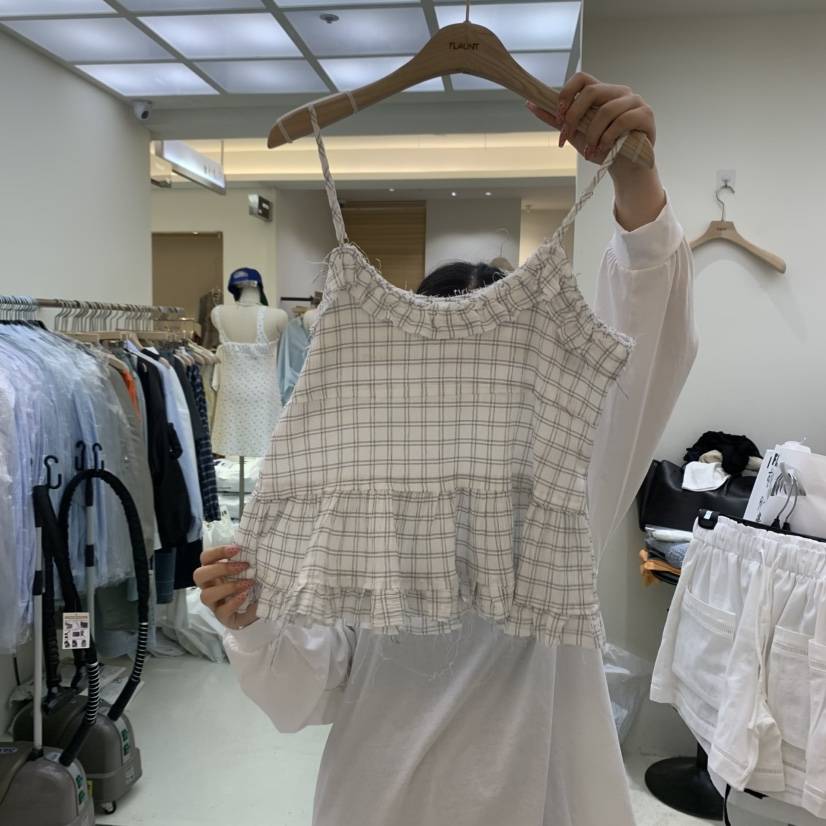 FLAUNT直郵韓國代購㊣女裝新品人氣推薦吊帶背心荷葉邊格紋FLAUNT吊帶/背心