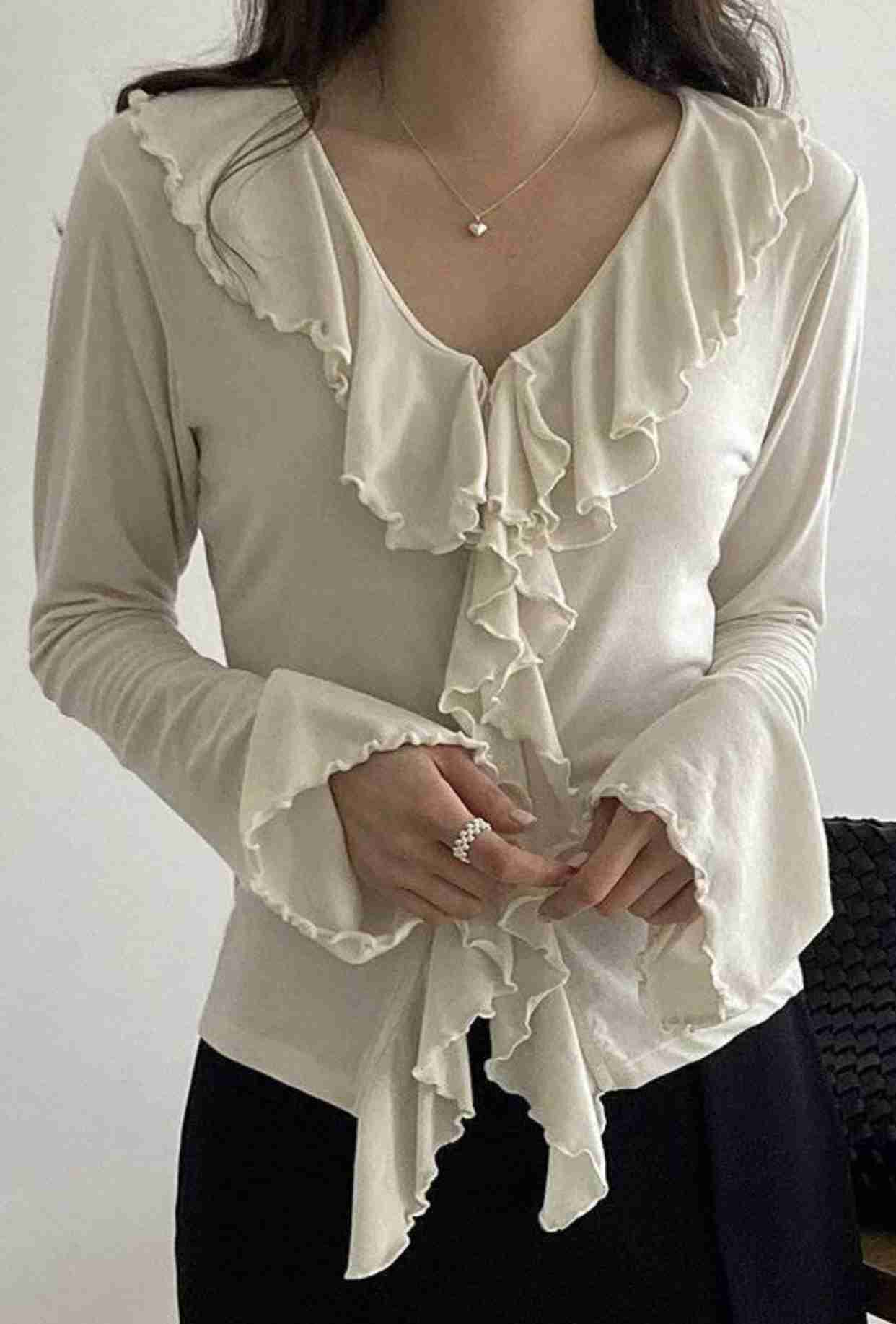 DRESS UP韓國直郵㊣女裝新款推薦人氣襯衫蕾絲衫荷葉邊開衫DRESS UP襯衫/蕾絲衫
