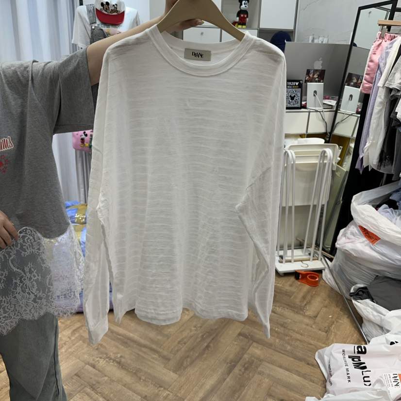 DE LINE韓國㊣直郵東大門代購女裝新品休閑推薦長袖T恤亞麻DE LINE長袖T恤