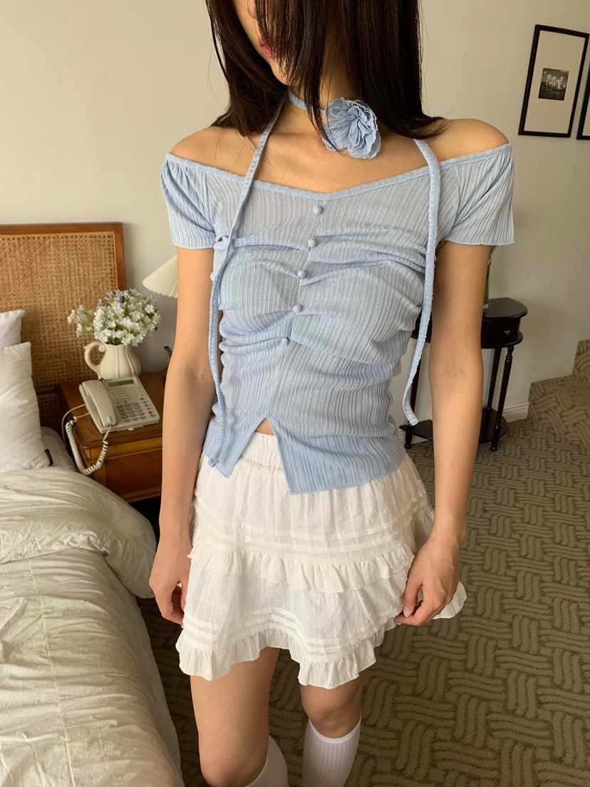 BADCALM直郵韓國代購㊣女裝新品休閑時尚熱賣T恤含脖帶褶皺BADCALMT恤