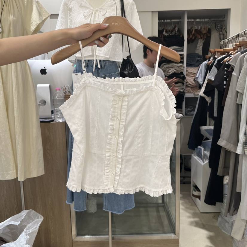 MELO直郵韓國代購㊣女裝新品休閑熱賣推薦吊帶背心荷葉邊棉質MELO吊帶/背心