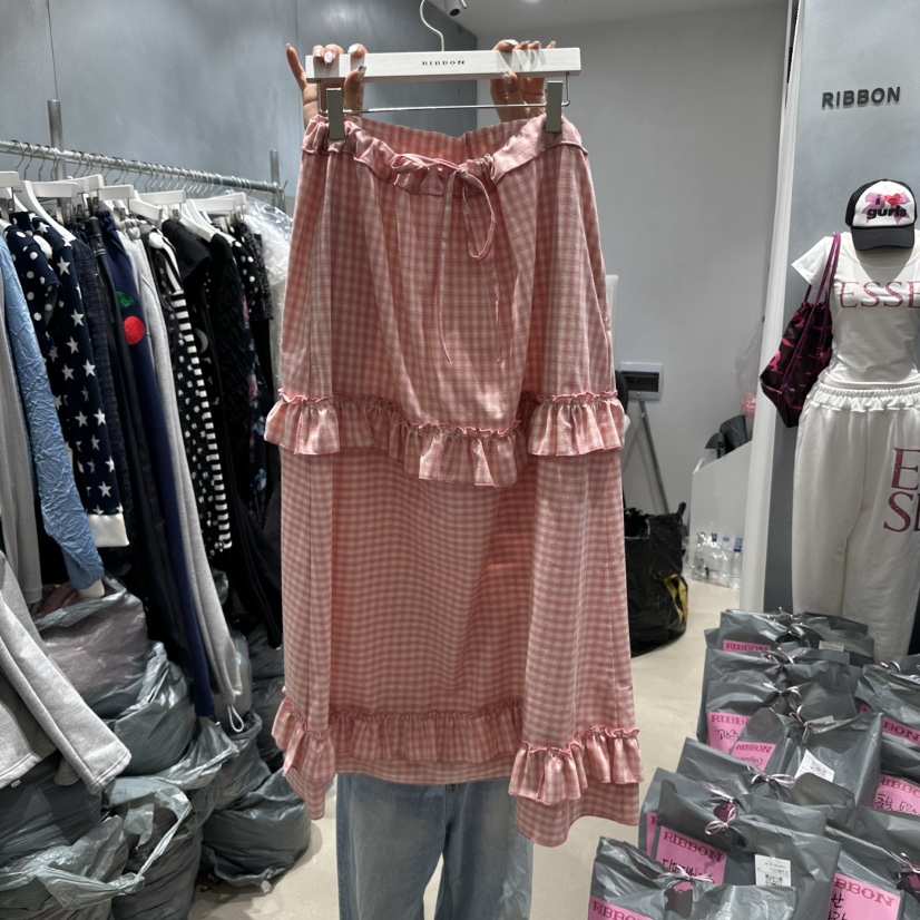 RIBBON東大門實拍女裝新款推薦真品25春夏人氣職業長裙格紋RIBBON長裙