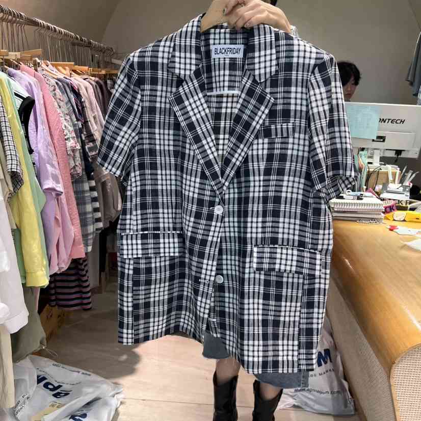 BLACKFRIDAY東大門㊣實拍女裝新款職業25春夏真品夾克格子亞麻BLACK FRIDAY夾克