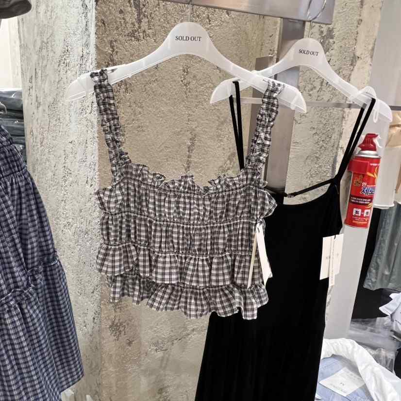 SOLD OUT韓國直郵㊣女裝新款休閑職業時尚吊帶背心荷葉邊格紋SOLD OUT吊帶/背心