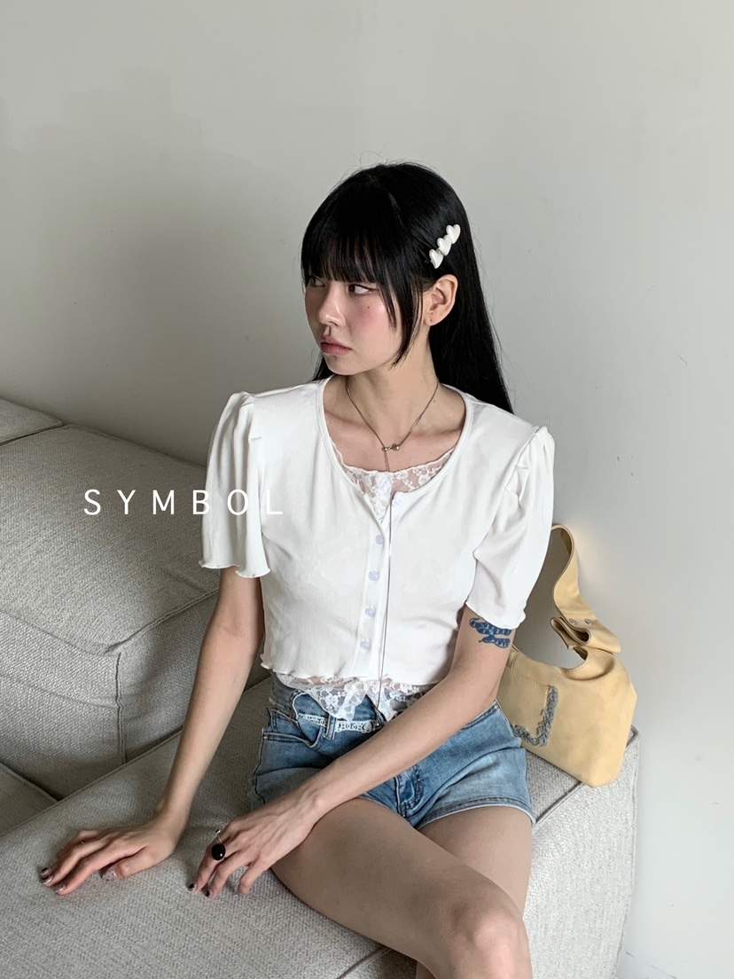 SYMBOL韓國直郵㊣女士新款熱賣時尚職業休閑T恤泡泡袖雙層開衫SYMBOLT恤