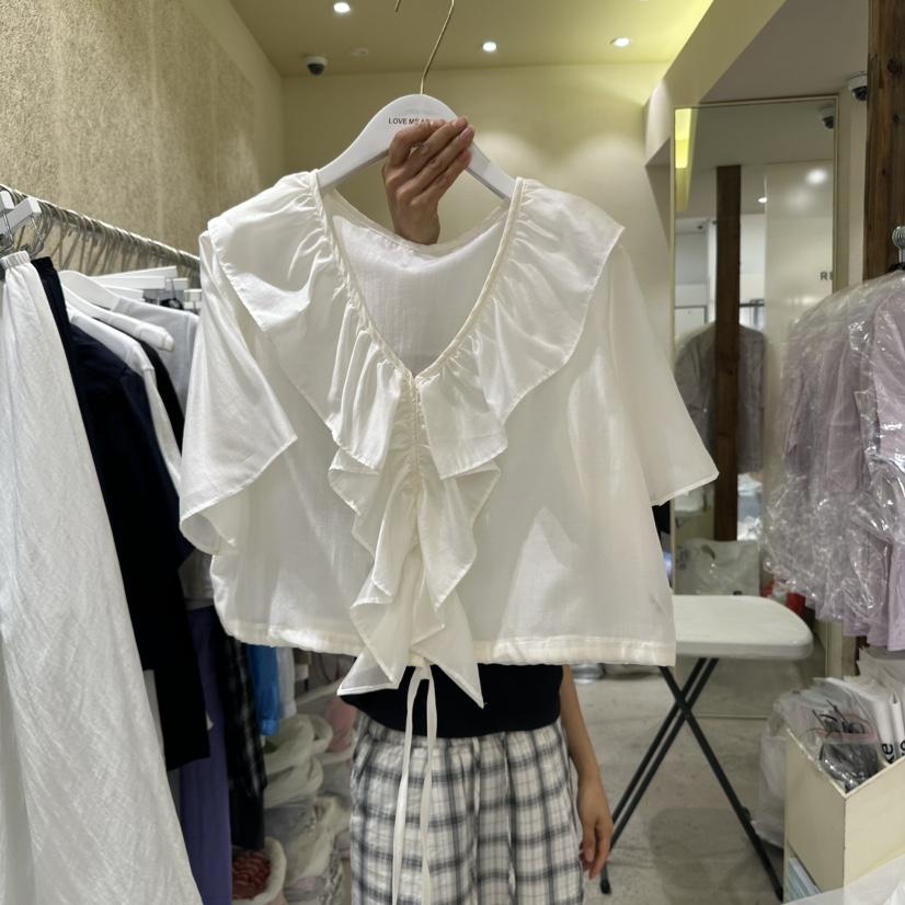 REFLAT東大門㊣實拍女士新款25春夏休閑襯衫蕾絲衫荷葉邊短款REFLAT襯衫/蕾絲衫