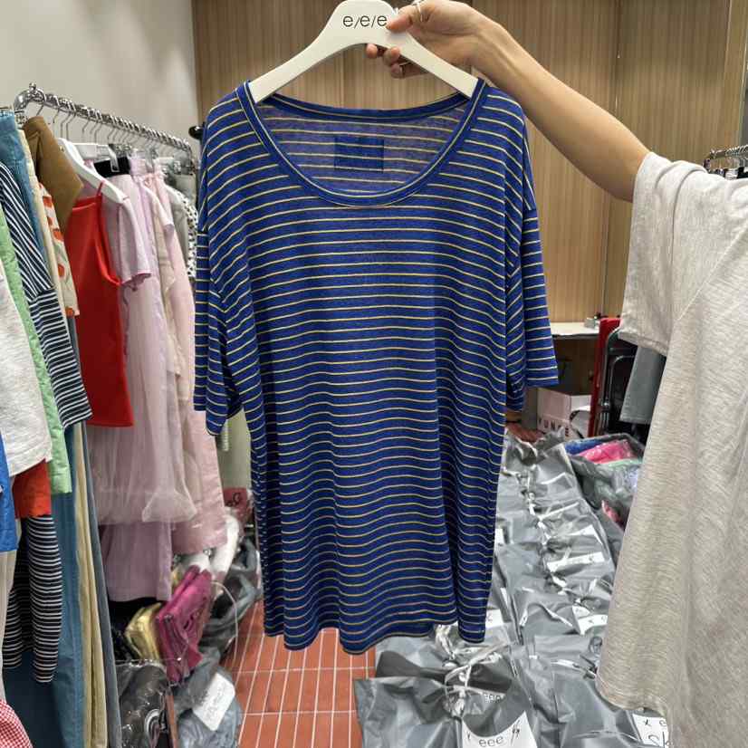 E/E/E韓國代購㊣女士新款熱賣時尚職業25春夏休閑T恤條紋E/E/ET恤