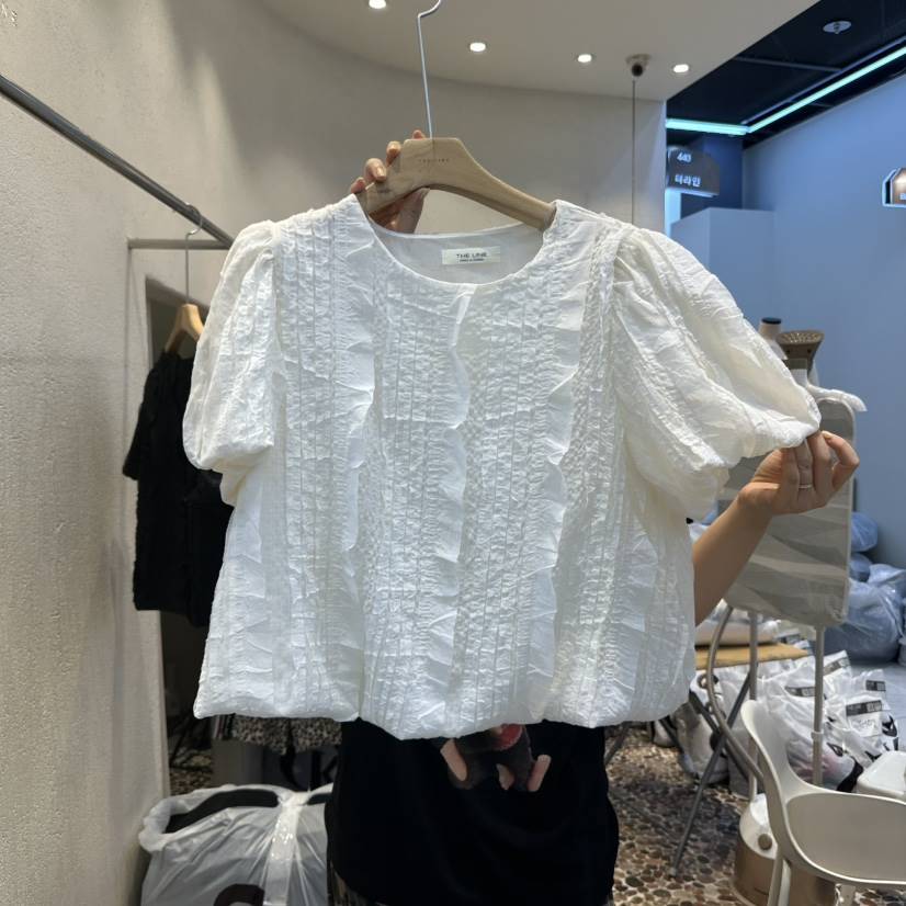 THE LINE-Q東大門㊣代購女裝新品25春夏襯衫蕾絲衫泡泡袖荷葉邊THE LINE-q襯衫/蕾絲衫