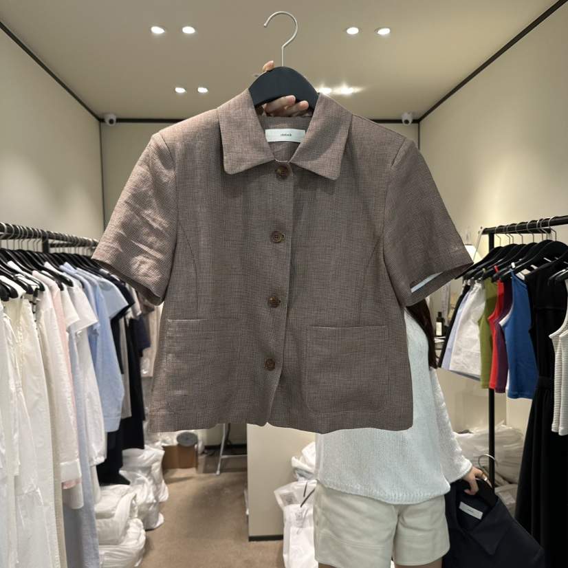 RE STOCK東大門㊣實拍女裝新品時尚25春夏職業夾克格紋亞麻RE STOCK夾克
