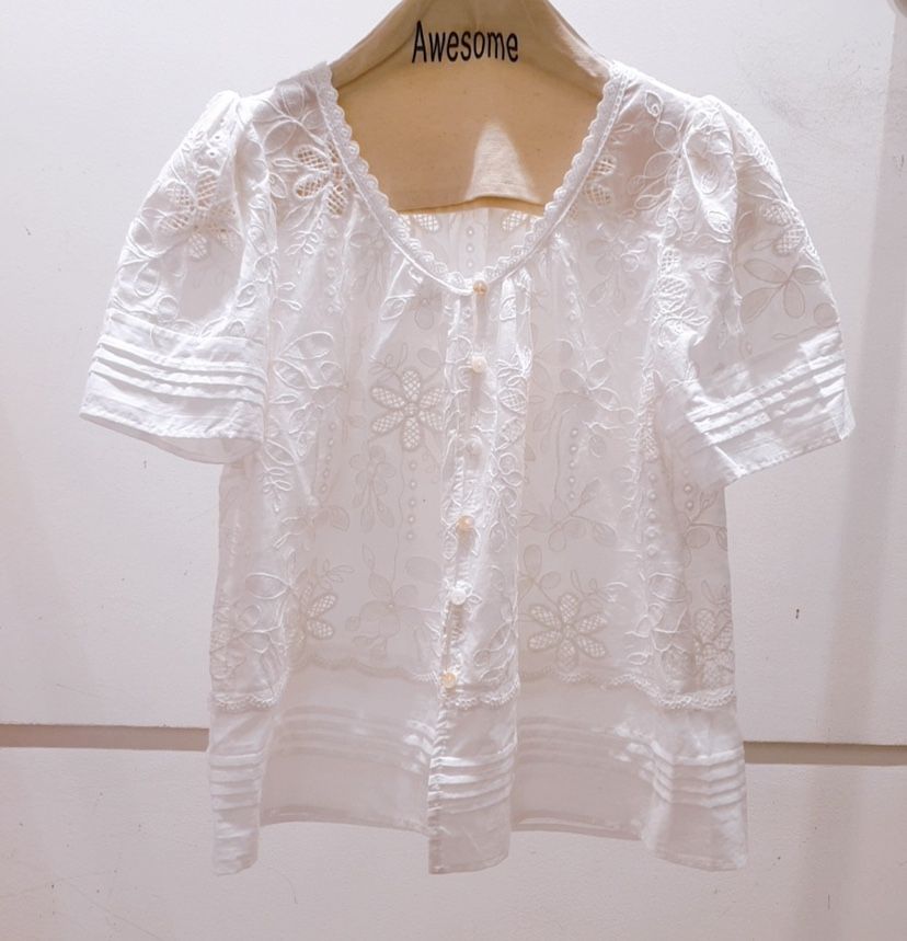 AWESOME-P韓國直郵㊣女士新款25春夏職業熱賣襯衫蕾絲衫刺繡AWESOME-P襯衫/蕾絲衫