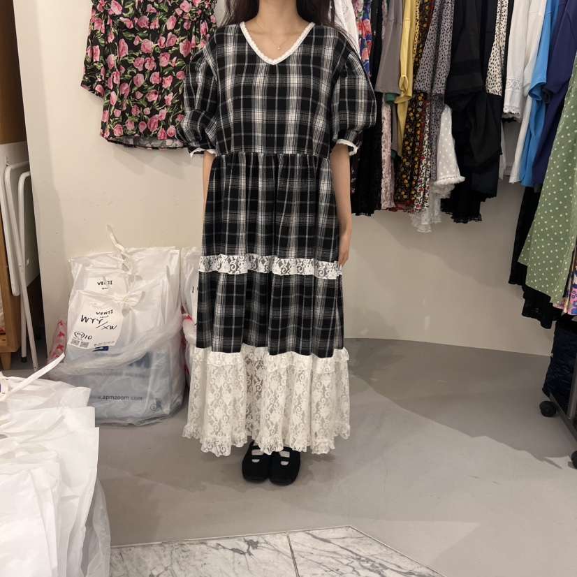 VENTI東大門㊣代購女裝新品職業25春夏推薦休閑連衣裙格紋蕾絲VENTI連衣裙