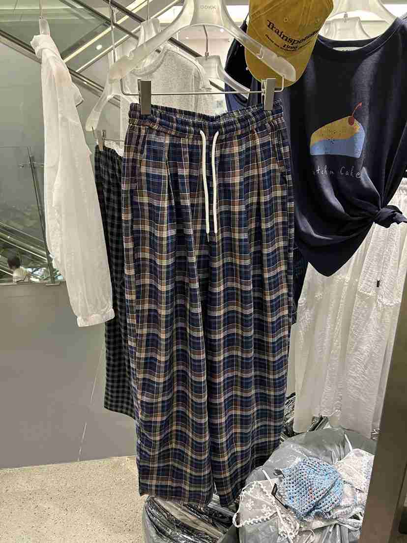 LOOKK韓國代購㊣女裝新款人氣時尚25春夏熱賣休閑褲格紋亞麻LOOKK休閑褲