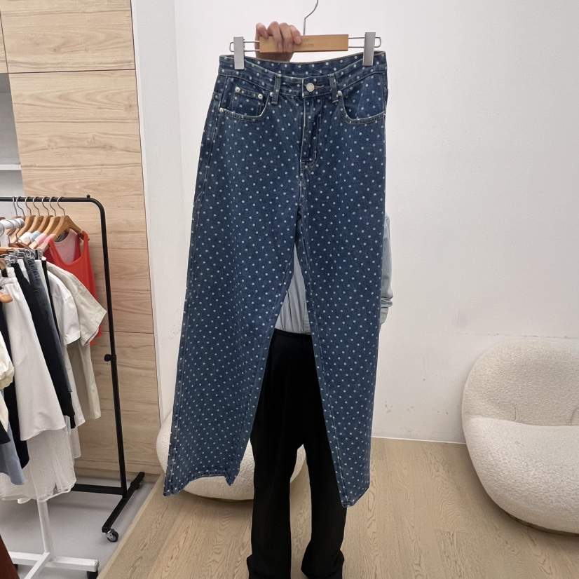 DRESS ROOM東大門㊣直郵女裝新款推薦25春夏牛仔褲圓點牛仔布DRESS ROOM牛仔褲
