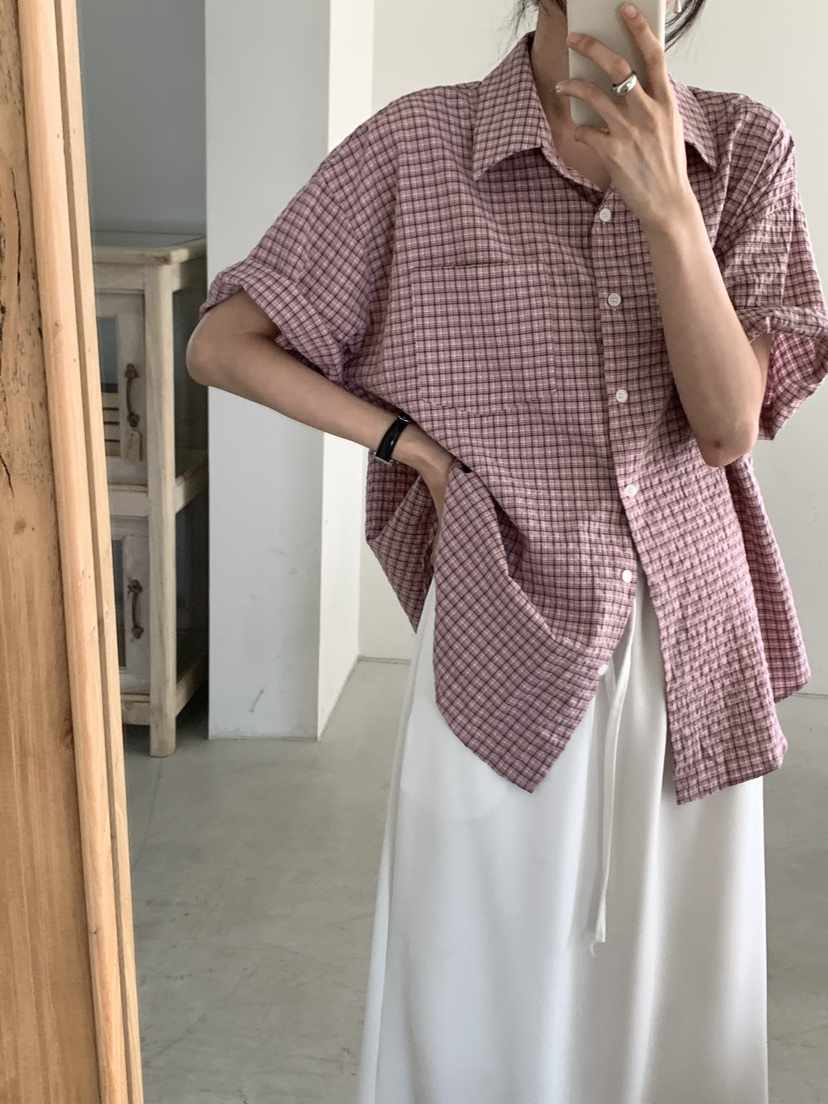FRILL-T韓國直郵㊣女裝新款休閑職業25春夏襯衫蕾絲衫格紋FRILL-T襯衫/蕾絲衫