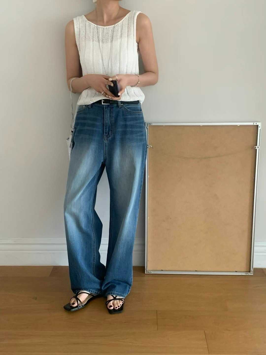 FLAT WHITE東大門㊣代購女士新款時尚熱賣職業牛仔褲不含腰帶FLAT WHITE牛仔褲