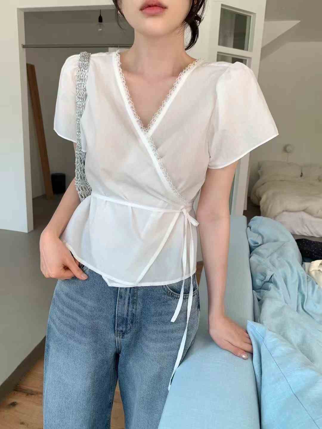 OUIR東大門㊣實拍女士新品25春夏真品襯衫蕾絲衫含腰繩雙面OUIR襯衫/蕾絲衫