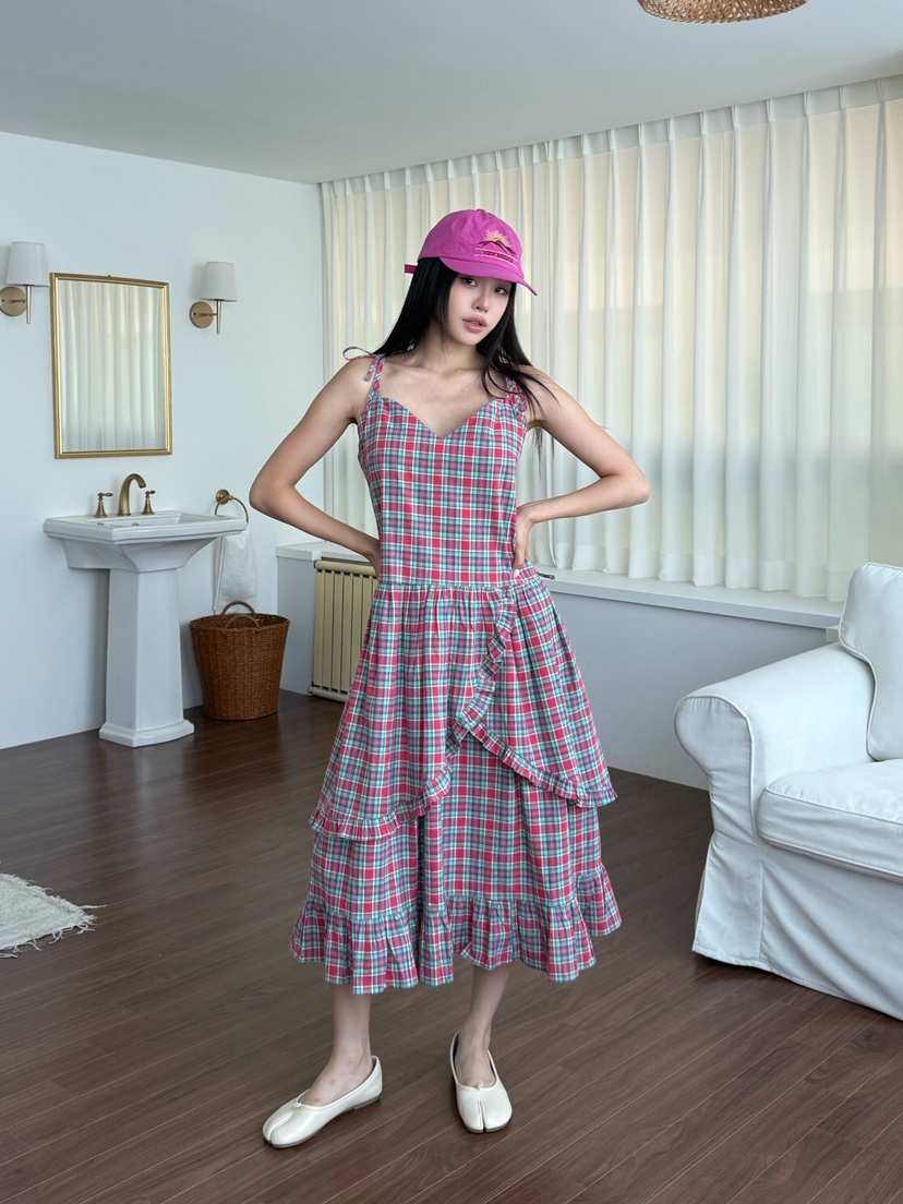 MAISONDEGLORY韓國直郵㊣女士新款休閑真品連衣裙荷葉邊格紋MAISON DE GLORY連衣裙